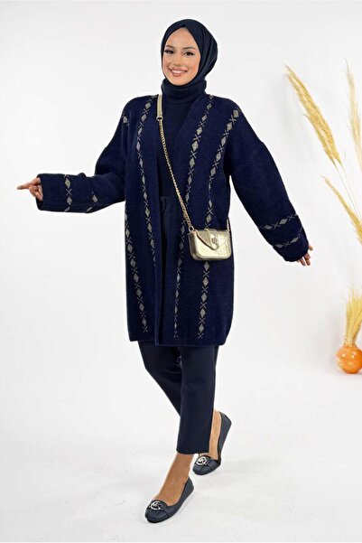 TRENDTESETTÜR Women's Navy Blue Patterned Cardigan t 72381