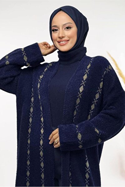 TRENDTESETTÜR Women's Navy Blue Patterned Cardigan t 72381