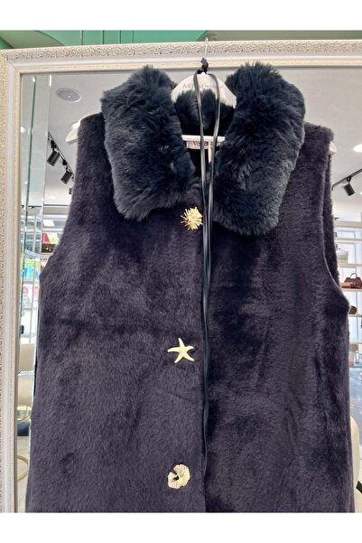 MERAM BUTİK Vatkatex Fur Angora Vest - Navy Blue - 2