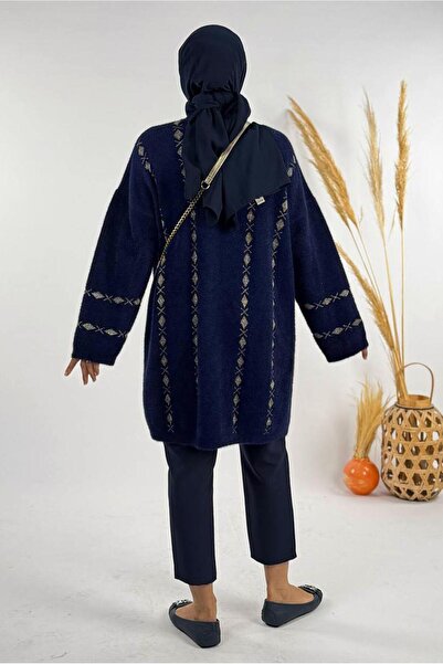 TRENDTESETTÜR Women's Navy Blue Patterned Cardigan t 72381