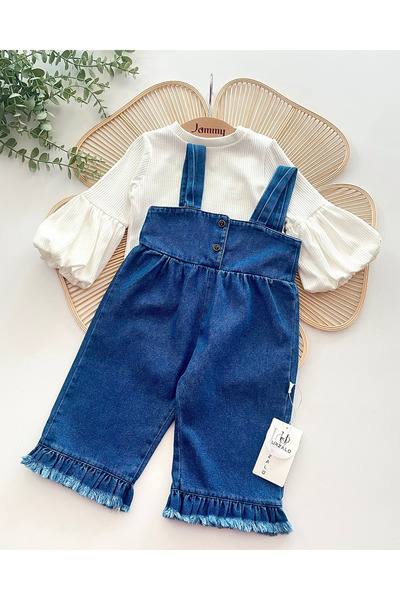 Jammybaby Palazzo Jean Kot Salopet Tulum %100 Pamuk Likralı Ribana Balon Bluz Lüks Püsküllü Kız Bebek Takım