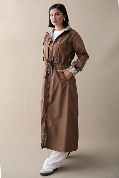 InStyle Çakımlı Çizgili Desen Uzun Trençkot - Taba