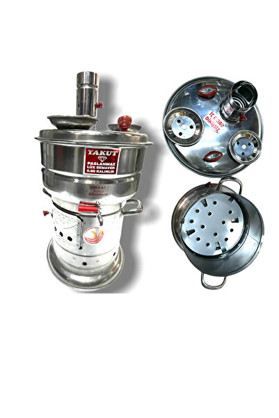 YAKUT Paslanmaz Lüx Çay Semaveri Odunlu Küçük Piknik Boy 5 Lt Semaver Demliği 1,35 Lt