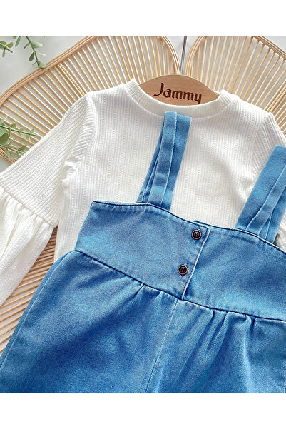 Jammybaby Palazzo Jean Denim Salopet Jumpsuit 100% Cotton Lycra Ribbed Balloon Blouse Luxury Tassels Baby Girl Set