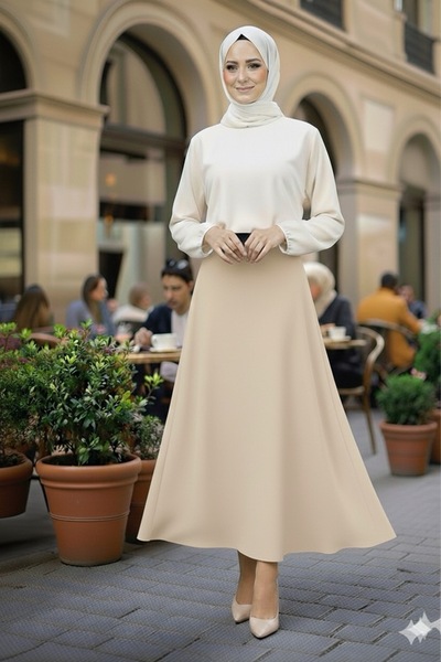 MODA UGS Fusta evazată din crep scuba bej