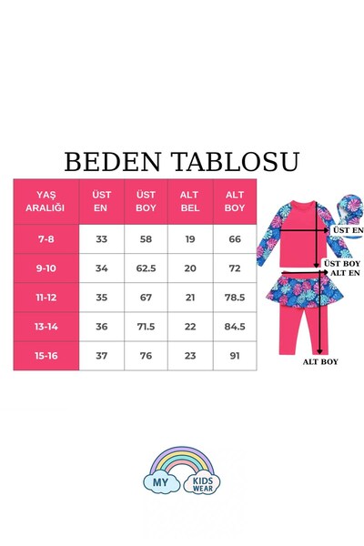 My Kids Wear Üç Parça Kız Çocuk Haşema, Tesettür, Etekli, Kapalı Mayo