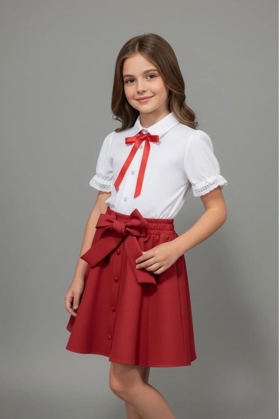 nacar çarşı Kız Çocuk Fırfır Detaylı Kırmızı Etek ve Dantelli Beyaz Gömlek 23 Nisan 29 Ekim Gösteri Kıyafeti