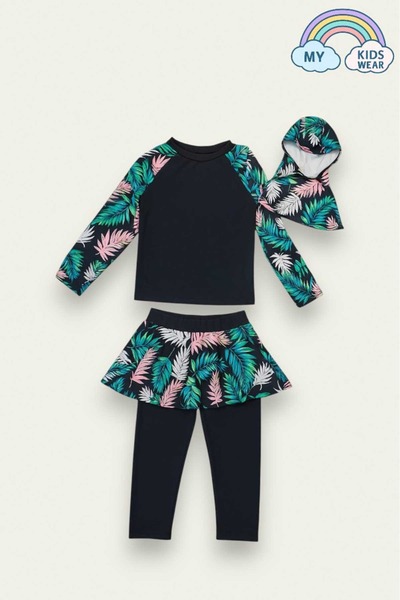 My Kids Wear Üç Parça Kız Çocuk Haşema, Tesettür, Etekli, Kapalı Mayo