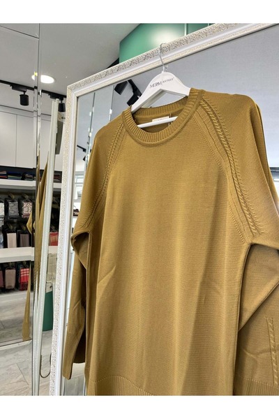 MERAM BUTİK Adn Thin Knit Tunic with Hair Braiding - Oil Green - 1