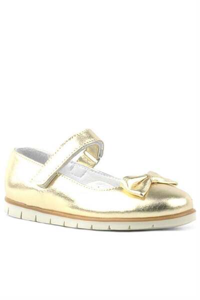Rakerplus Genuine Leather Girl's Ballerinas with Gold Bow and Velcro