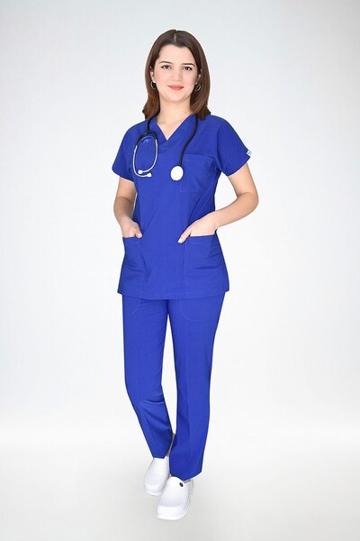 Nur Medikal Giyim Unisek saks Blue Licra Scrubs - gornji i donji set
