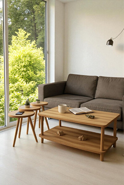 HESA ORTA SEHPA YAN SEHPA ZİGON SEHPA TAKIMLI AHŞAP AYAKLI ATLANTİK ÇAM DESENLİ