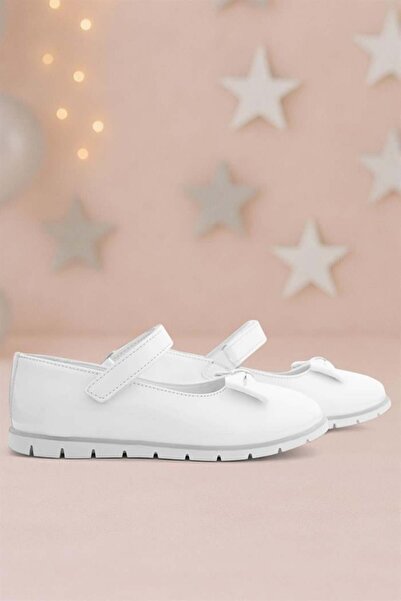 Rakerplus White Patent Leather Bow and Velcro Girls' Ballerinas
