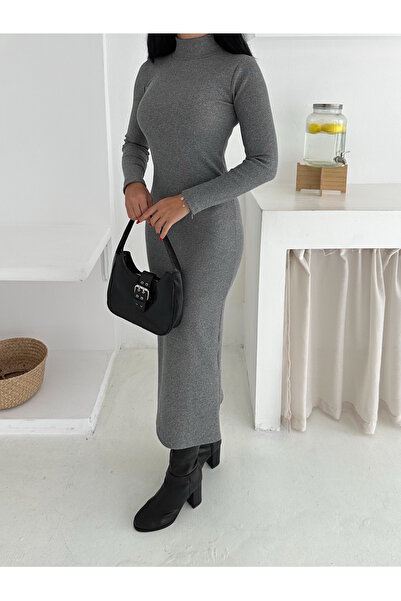 MaxiMor Rochie de damă din țesătură camisole de culoare gri cu gât rochie cu mâneci lungi Lungime 135 cm