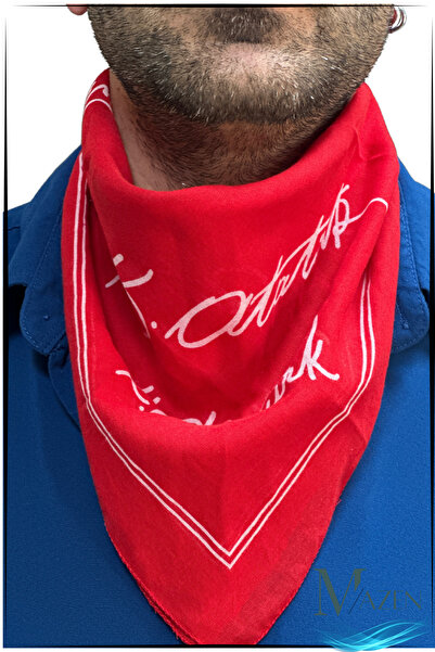 MAZEN Pamuklu 10’lu Atatürk İmzalı Bandana Fular | Kırmızı | 50x50 cm | Okul, Tören, Etkinlik, Gösteri