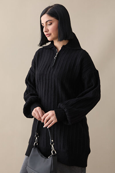 InStyle Fermuarlı Peluş Siyah Triko Kazak