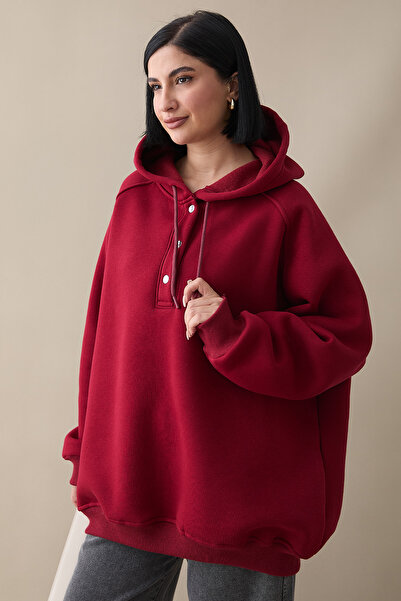 InStyle Snap Collar Hooded Claret Red Sweat