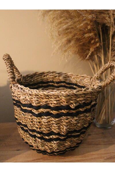 Paganca Μαύρο Ψάθινο Καλάθι - Μικρό Μέγεθος Organizer με Χερούλια και Κορδέλα