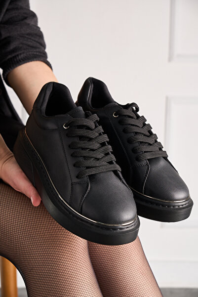 Nstil Καθημερινά γυναικεία μαύρα αθλητικά παπούτσια με κορδόνια ελαφριά παχιά ψηλή σόλα για περπάτημα 2135