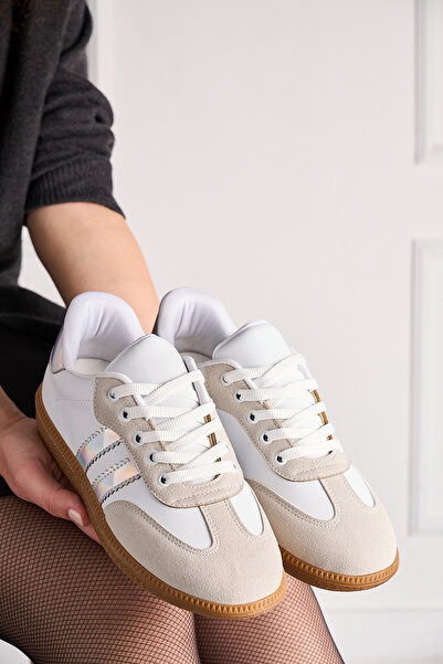 Nstil Women's White Lace-Up Lightweight Ankle Support Soft Sole Hologram Suede Casual Shoes 471