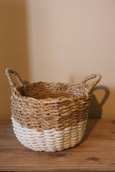 Paganca Coș de paie cu mâner, fund gros tricotat, cu dungi crem, dimensiune mică