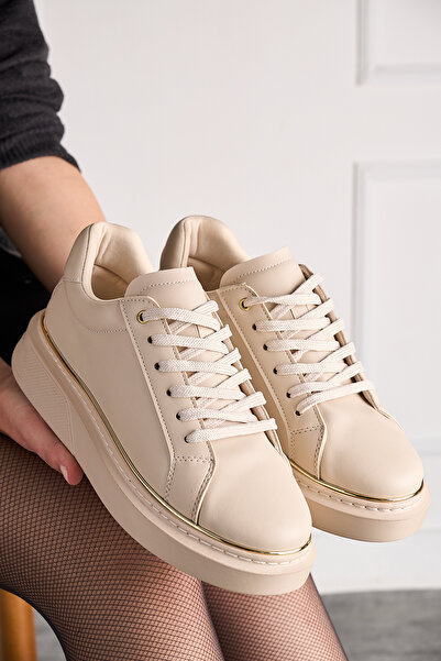 İmerShoes Daily Women's Beige Sports Shoes Lace-Up Lightweight Thick High Sole Walking Sneaker 2135