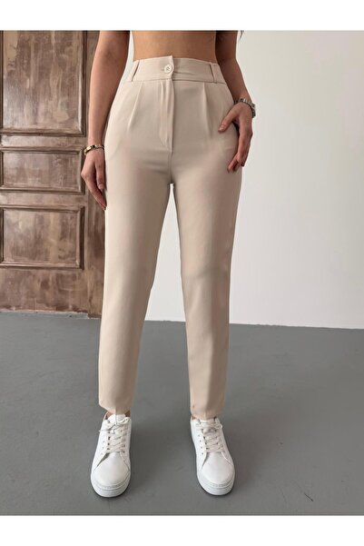 BİKELİFE Women's High Waist Elastic Carrot Cut Collet Fabric Pants