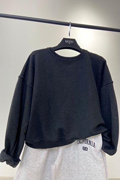Mood Lab Taş Yıkama Eskitme Efektli Back to School Siyah Sweatshirt