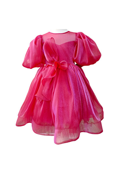 ChatonDor Kız Çocuk Abiye Balon Kol Pembe Organze Kumaş Elbise