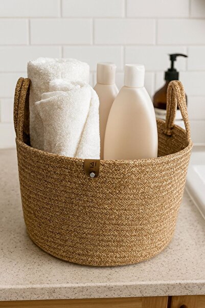 BEVEZ HOME Çok Amaçlı Hasır Sepet, Banyo Sepeti, Dekor Sepet, Havlu Sepeti 26x20