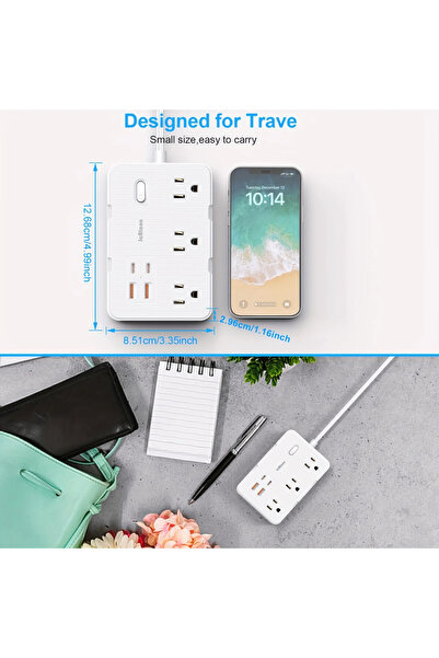 Choice واقي من زيادة التيار الكهربائي أبيض رفيع للغاية بمقبس أمريكي مسطح مقاس 6 بوصات مع 6 منافذ واسعة و4 منافذ USB وموسع 5 أقدام