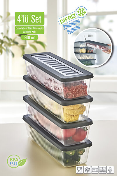 VİGENTİNO 4'Lü Set Buzdolabı Organizer Mikrodalga ve Difrize Uygun Saklama Kabı 4 X 750 ml
