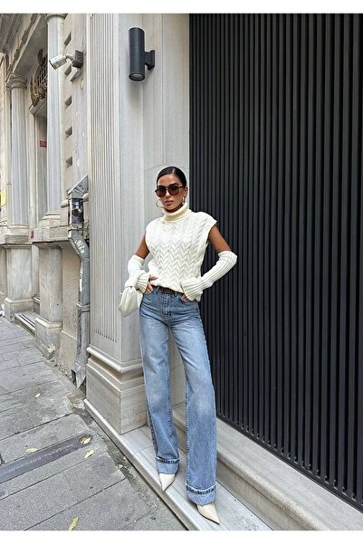 ParlaMira Blugi de damă cu talie înaltă, cu picioare scurte, cu detaliu pliat, cu croiala palazzo