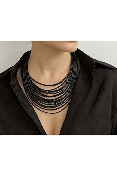 Kutcha Accessories Siyah Çoklu Deri Görünümlü Dekolte Kolye