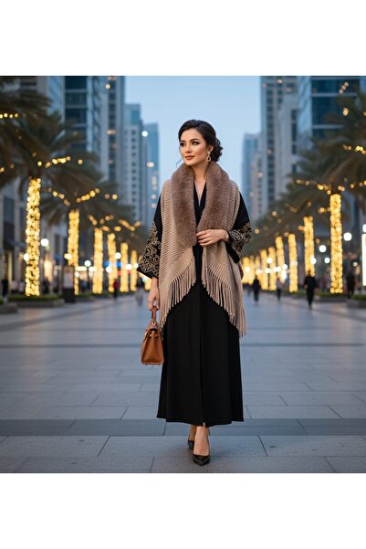 STS Women's Winter Knitted Faux Wool Shawl, Multicolored Pattern with Faux Fur Collar and Fringe Edges -