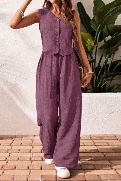 Mossta V Yaka Kolsuz Yelek Ve Geniş Paça Pantolon Takım - Gül Kurusu