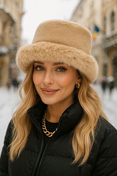 FELLMENS Pălărie de damă cu inimă de pluș din blană artificială de cămilă