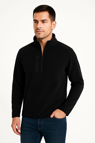 mzpkartan Men's Fleece Sweatshirt – Stand Collar, Half Zipper, Zippered Chest Pocket, Black Trim, Winter Comfortable Reg