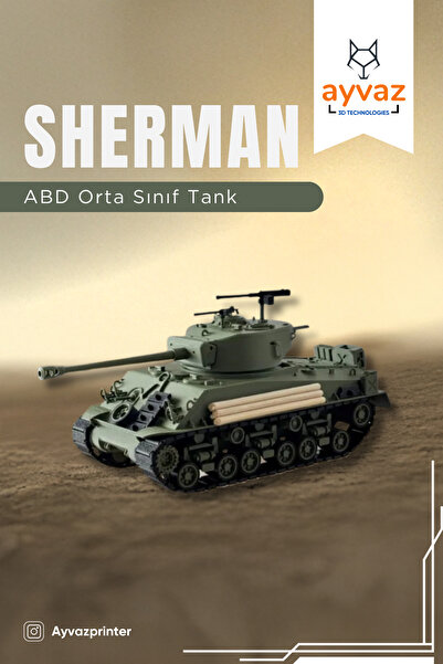 ayvazprinter SHERMAN 1/35 Ölçek, 7,5x21,5x7,8 cm Boyutlu, Hareketli Palet Sis...