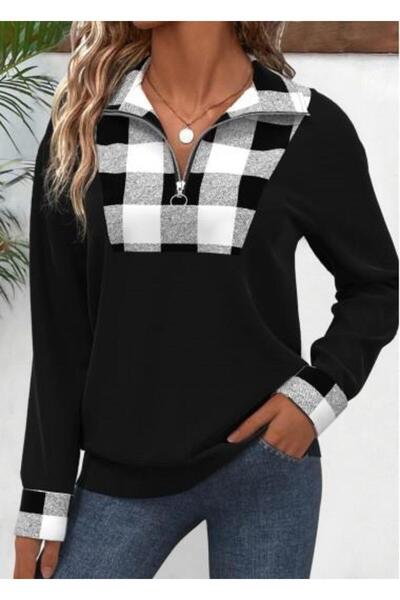 ARONA Women's Long Sleeve Neckline Front Zip Plaid Detail Viscose Two Thread Blouse