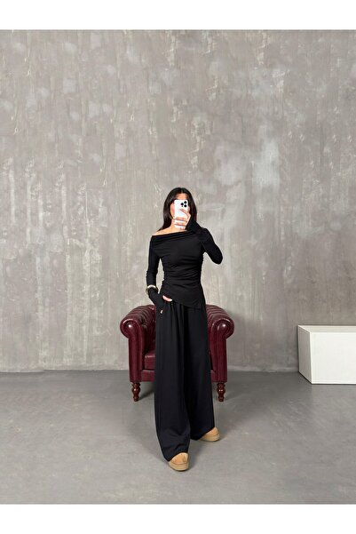 manana fashion Modal szövet drapírozott aszimmetrikus szabású blúz nadrág fekete kétrészes szett