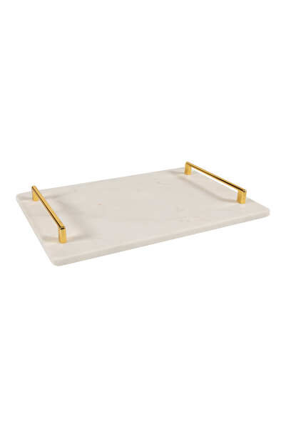 FARALYAHOME Mermer 30x20 Cm Dekoratif Söz Nişan Tepsisi ,Sunum Tepsisi ,Sunumluk Beyaz-Fergo Gold