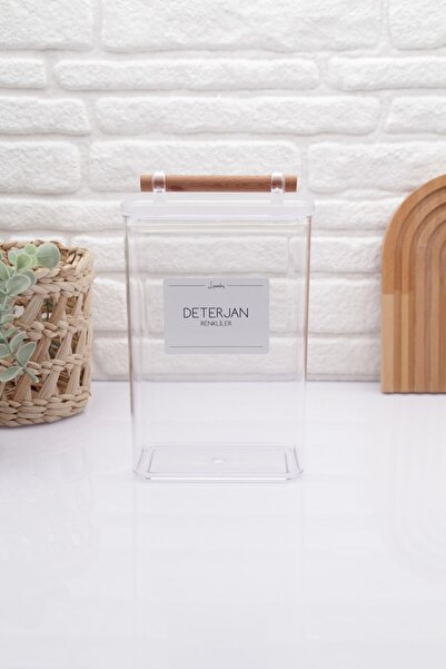 zezedesing Ahşap Kulplu Vakumlu Şeffaf Deterjan Renkliler Kavanozu 2000ML