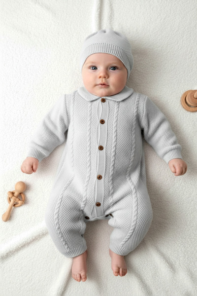 Çocuksan Baby&Kids Wear Unisex Bebek Örme Düğme Detaylı Şapkalı Triko Yenidoğ...