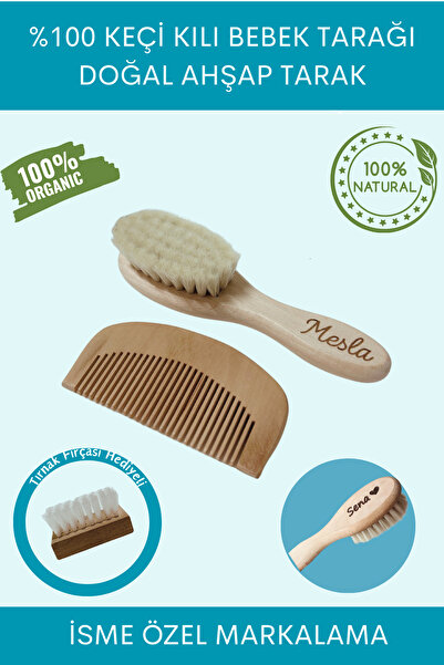 Mesla Organik İsme Özel Doğal Keçi Kılı Yumuşak Bebek Tarağı Ve Doğal Ahşap Tarak 2’li Set - Midi Boy