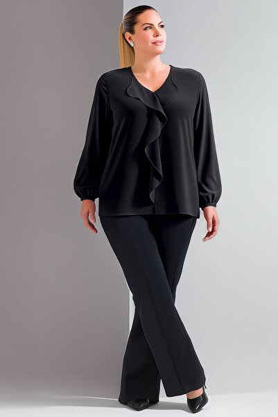 Hanezza Büyük Beden Fırfırlı Jessica Krep Bluz Siyah, 48-50