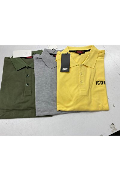 MARKATEM Men's Slim Fit Yellow-Gray Khaki Cotton Fabric Non-Curling Polo Collar T-Shirt Icon2 Themed 3-Piece Set