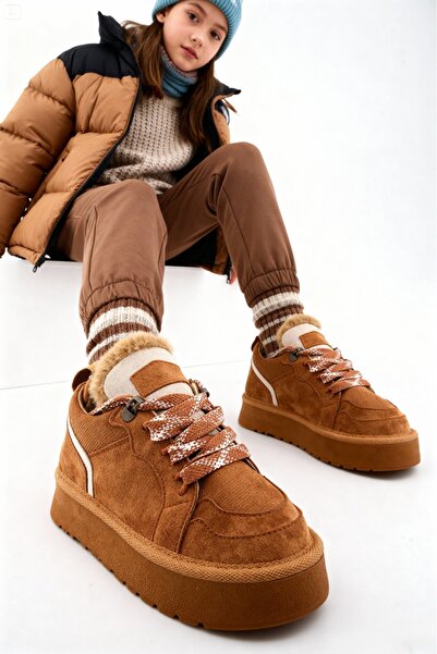 moon glow Taba Kahverengi Süet Bağcıklı Kız Çocuk Botu | İçi Kürklü & Ortopedik 31-35 Numara Yeni Sezon Botu