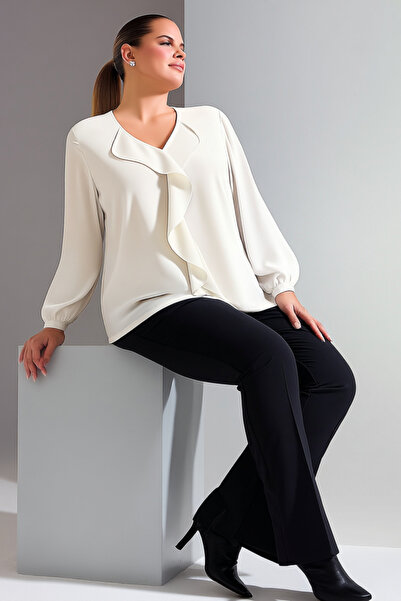 Hanezza Büyük Beden Fırfırlı Jessica Krep Bluz Ekru, 44-46