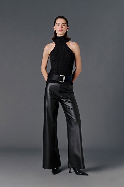 VATKALI Wide leg deri pantolon siyah